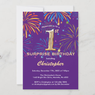 Convite Fogo roxo e Dourado do primeiro aniversario Surpre