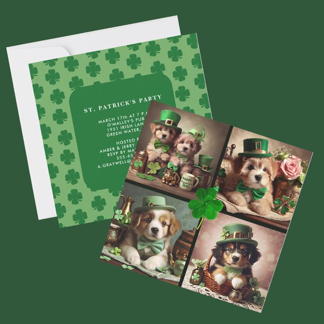Convite Fogões irlandeses e bonitos de Dia de São Patrício (St Patrick's Day Cute Irish Puppies in Green Party Invitation)