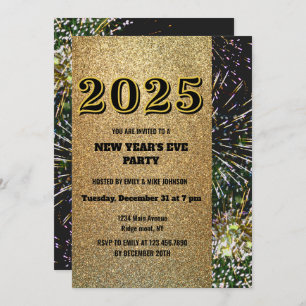 Convite Fogos de artifício Dourados do Ano Novo 2025 com b