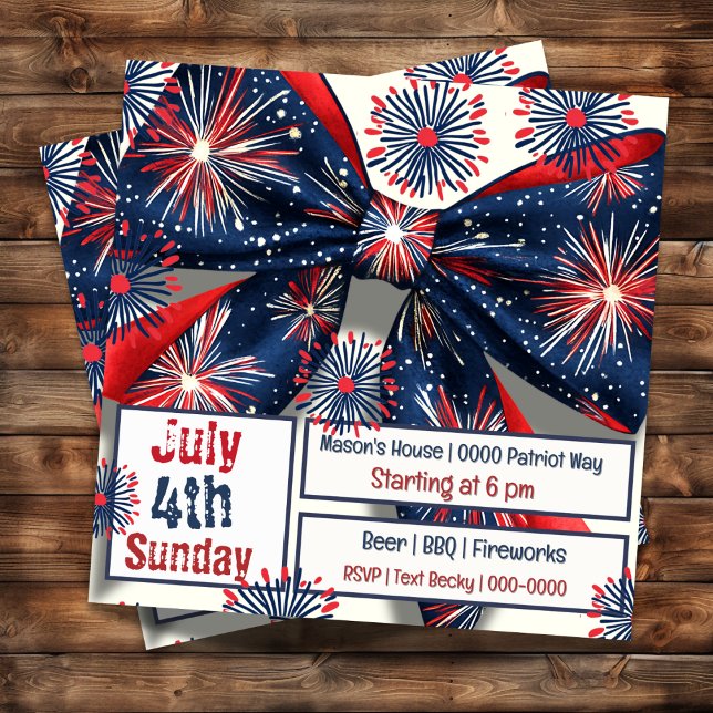 Convite Fogos de artifício e Arco vermelhos brancos e azui (Fireworks and bows on a cute July 4th party invitation you can fully customize on front and back. )