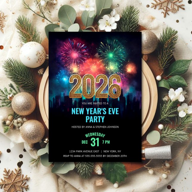 Convite Fogos de artifício legantes do partido Eve de 2026 (2026 New Year's Eve party invitation front with city and fireworks design.)