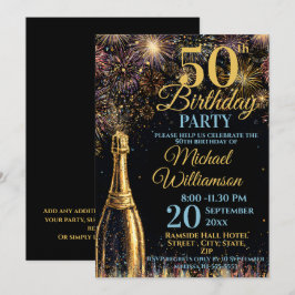 Convite Fogueira de Aniversário de 50 Anos Dourado Azul Es