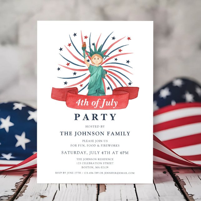 Convite Fogueira Vermelha Azul e Branco 4 De Julho (Red White Blue Fireorks 4th Of July Invitation)