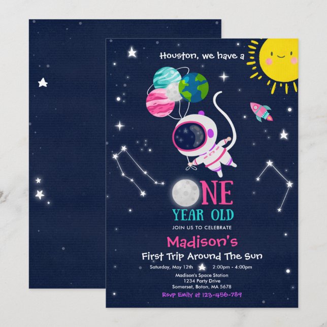 Convite Foguete Astronauta de Festa Espacial Exterior (Frente/Verso)