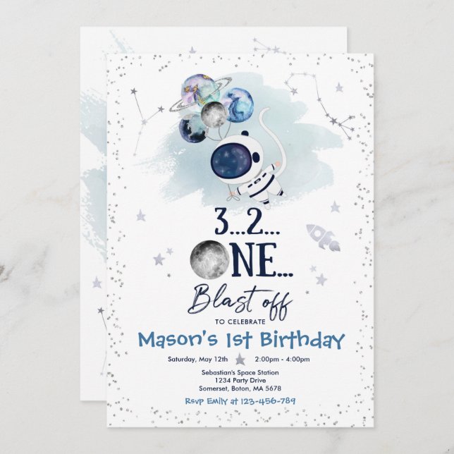 Convite Foguete Astronauta do Planeta de Festa de aniversá (Frente/Verso)