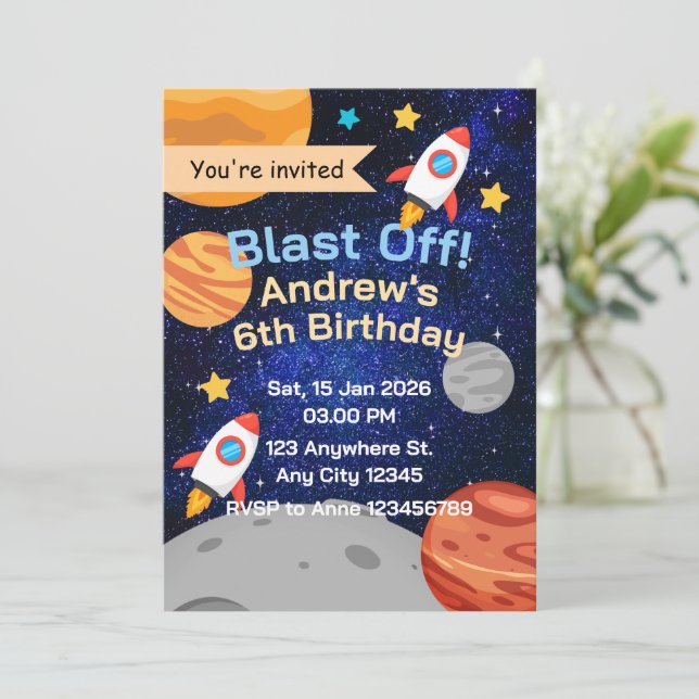 Convite Foguete decolar Festa de Aniversário no Espaço par (Em pé/Frente)