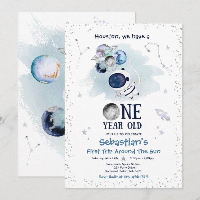 Convite Foguete do Astronauta do primeiro aniversario Espa (Frente/Verso)