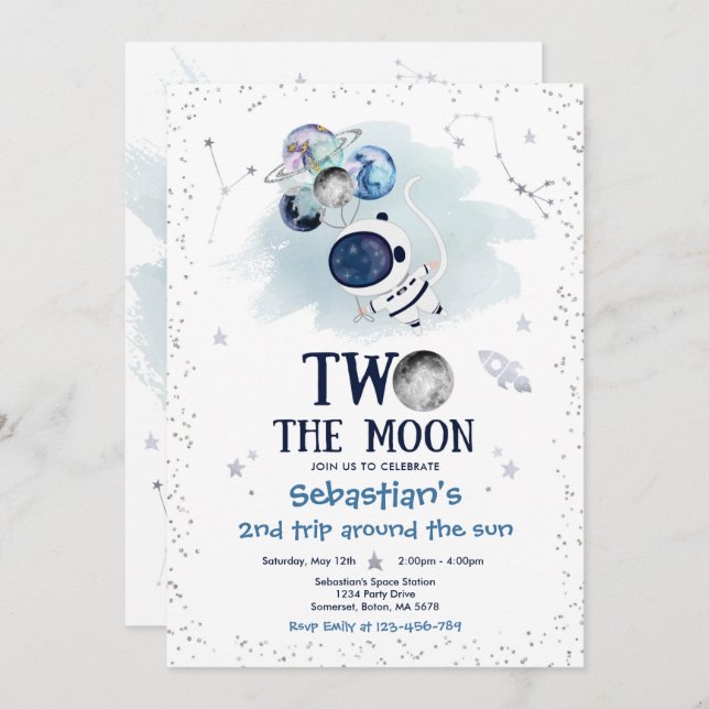 Convite Foguete do Astronauta do segundo aniversário Espac (Frente/Verso)
