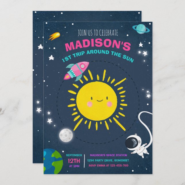 Convite Foguete do Astronauta Rosa Festa de aniversário Es (Frente/Verso)