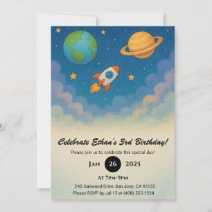 Convite Foguete e Planetas no Aniversário do Espaço Colori