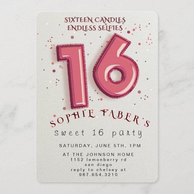 Convite Foil Balloon Sweet Sixteen Birthday Party  (Frente)