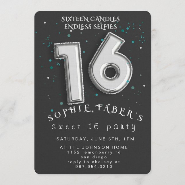 Convite Foil Balloon Sweet Sixteen Birthday Party  (Frente)