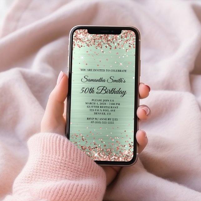 Convite Foil de Casa Azul, de Casa Azul, de rosa Dourada,  (Rose Gold Glitter Pale Mint Foil 50th Birthday Invitation)