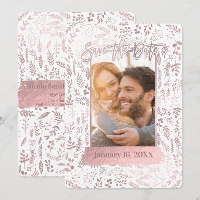 Convite Foil de Ouro Rosa Moderno Save the Date com Foto (Frente/Verso)