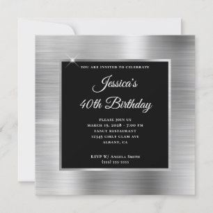 Convite Foil de Prata com Sobreposição Preta Aniversário d