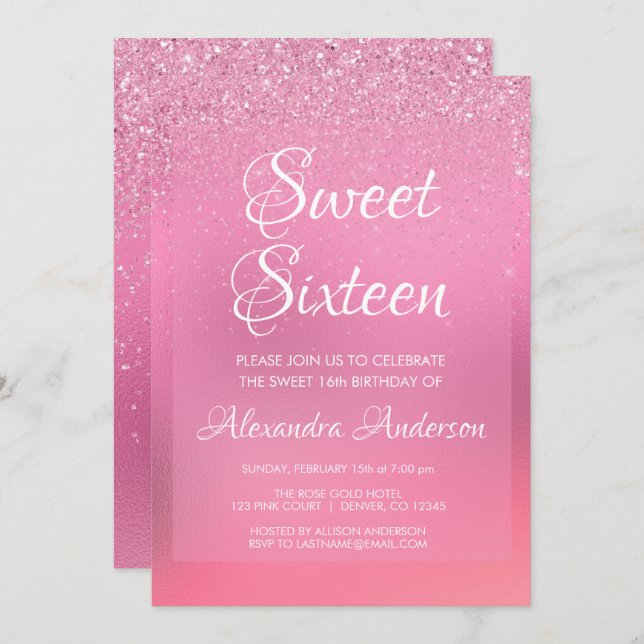 Convite Foil Rosa Girly Glitter Sparkle Sweet 16 Aniversár (Frente/Verso)