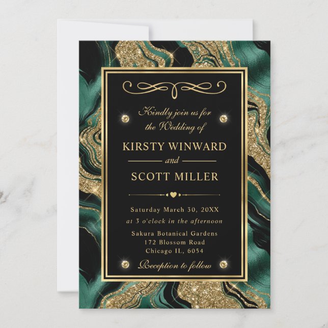 Convite Foil Verde Elegante e Casamento com Agitação Doura (Frente)