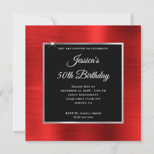 Convite Foil Vermelho Prata e Preto Sobreposto Aniversário