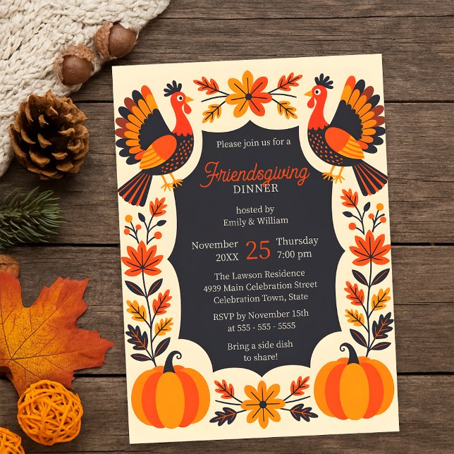 Convite Folart Turkey Pumpkin Friendsanding Jantar Party (Criador carregado)