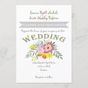 Convite Folclore flores rosa casamento floral moderno