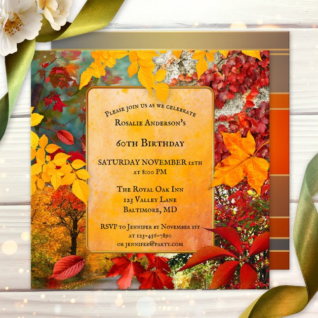 Convite Folga Colorida Saída Aniversário ou Aposentação (Artistic boho chic fall birthday party invitation with colorful autumn leaves - or retirement!)