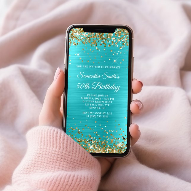 Convite Folha Azul de Turquesa Dourada com brilho 50.o Ani (Gold Glitter Turquoise Blue Foil 50th Birthday Invitation)