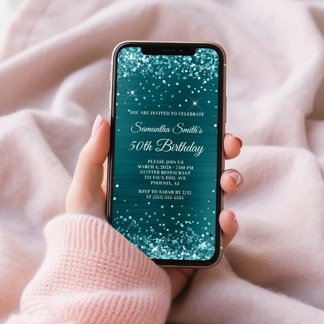 Convite Folha Azul Teal 50º Aniversário (Glittery Teal Blue Foil 50th Birthday Invitation)