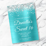Convite Folha Azul Turquesa, Gliteira Prateada 16<br><div class="desc">Crie seu próprio convite para comemoração de na moda 16 anos para sua filha. Gráficos cintilantes de luz cintilante decorativos formam uma borda superior. A arte digital em segundo plano apresenta uma folha de metal brilhante azul aqua e azul-turquesa ombre estilo escovado. Personalize a cor do texto branco do convite...</div>