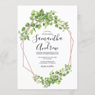 Convite Folha Boho Aquarela Elegante Rosa Dourada Verde