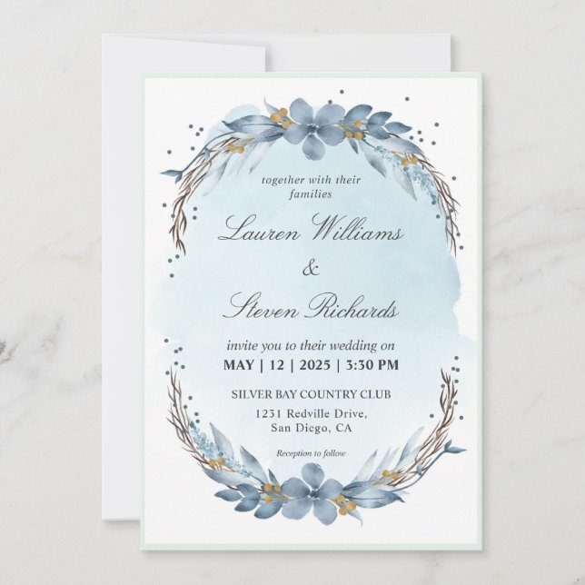 Convite Folha branca clara clara e clara de pastel, azul-e (Frente)