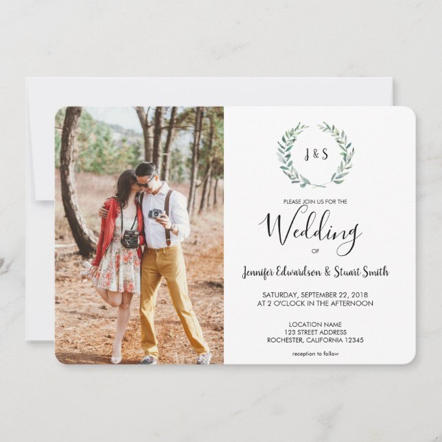 Convite Folha de aquarela botânica, foto de monograma Casa (Frente)