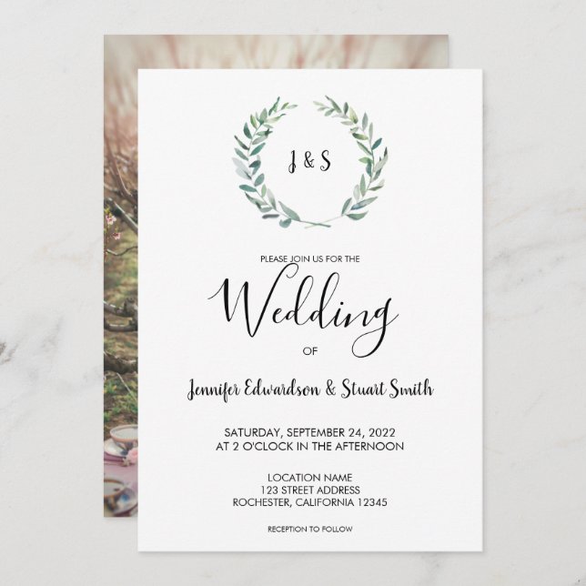 Convite Folha de aquarela botânica, foto de monograma Casa (Frente/Verso)