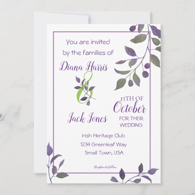 Convite Folha de Aquarela de Casamento Roxo (Frente)