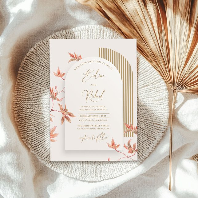 Convite Folha de aquarela elegante deixa dourado (Elegant watercolor fall leaves boho arch gold invitation)