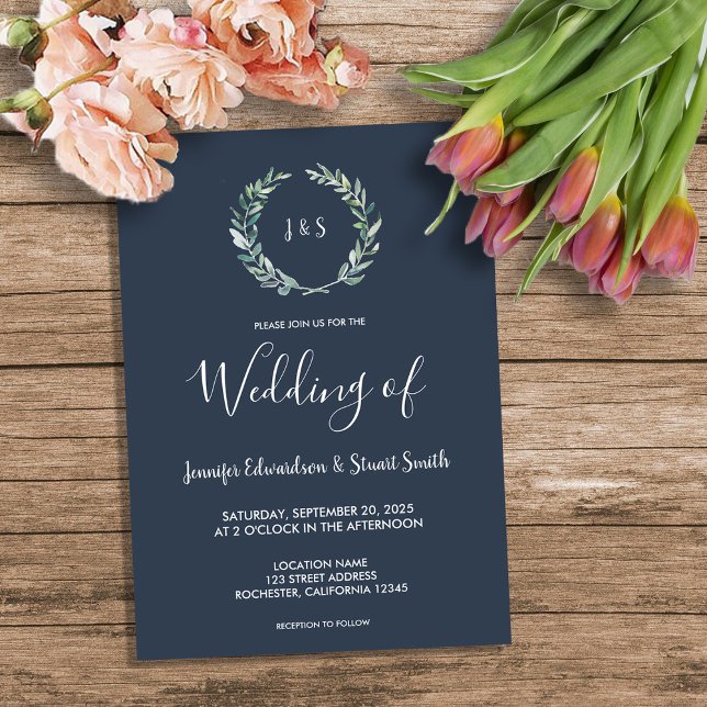 Convite Folha de aquarela russa monograma Casamento (Rustic watercolor olive leaves monogram Wedding Invitation.)