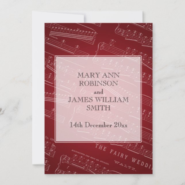 Convite Folha de Casamento Elegante Vermelho Música (Frente)