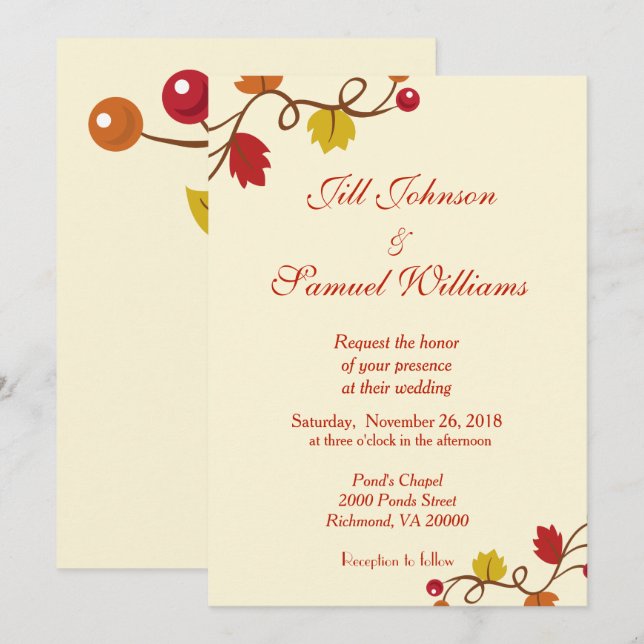 Convite Folha de casamento outono e vinha de Berry (Frente/Verso)