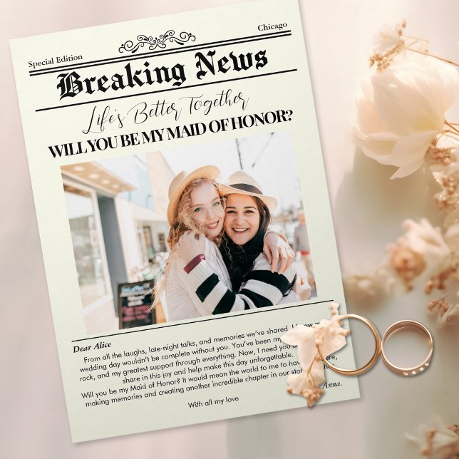Convite Folha de Cobrir de Proposta Bridesmaid 1 Foto (Bridesmaid Proposal Newspaper Cover 1 Photo Invitation)