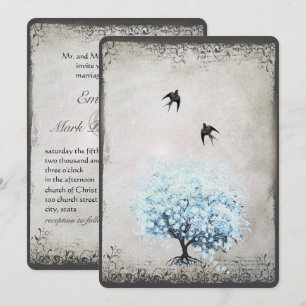 Convite Folha de Coração Árvore Azul Parchment de Prata Vi