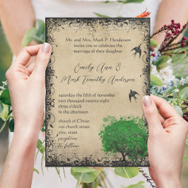 Convite Folha de Coração Esmeralda Árvore Vintage Casament
