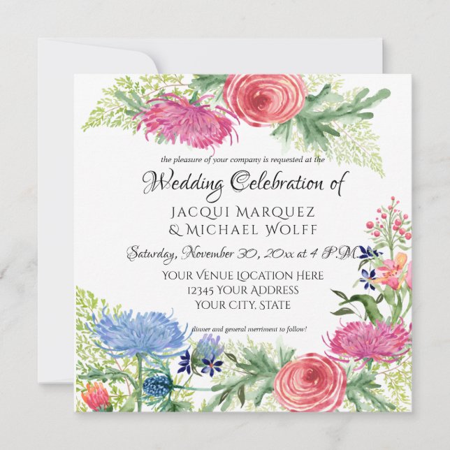 Convite Folha de Fern Floral, Azul Elegante e Rosa, (Frente)