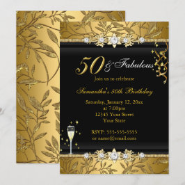 Convite Folha de Joia Dourada 50 Aniversário Fabuloso Pret