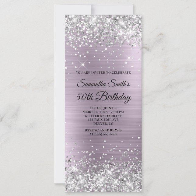 Convite Folha de Lavanda Pálida de Silver Glitter 50º Aniv (Frente)