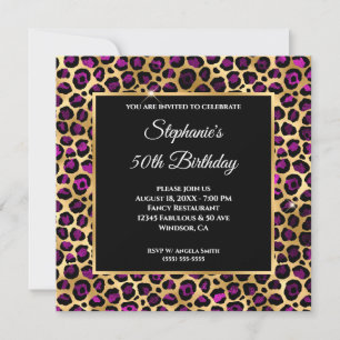 Convite Folha de Leopardo Dourada e Roxa Glam 50º Anivers