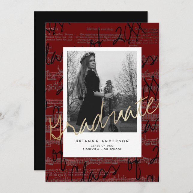 Convite Folha de Música Borgonha Foto VIrtual Graduação (Frente/Verso)