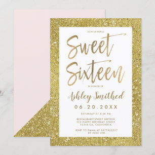 Convite Folha de ouro com brilho cor-de-rosa doce dezessei