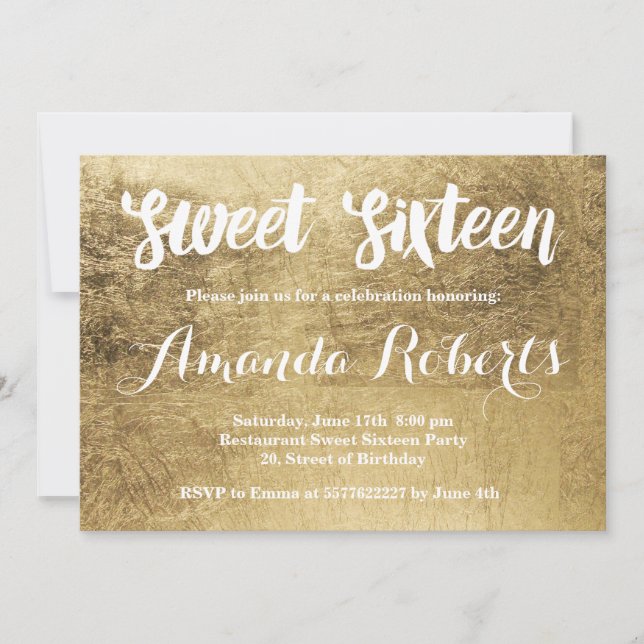 Convite Folha de ouro de luxo Sweet 16 (Frente)
