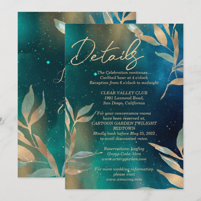 Convite Folha de ouro do céu da galáxia verde-esmeralda (Frente/Verso)
