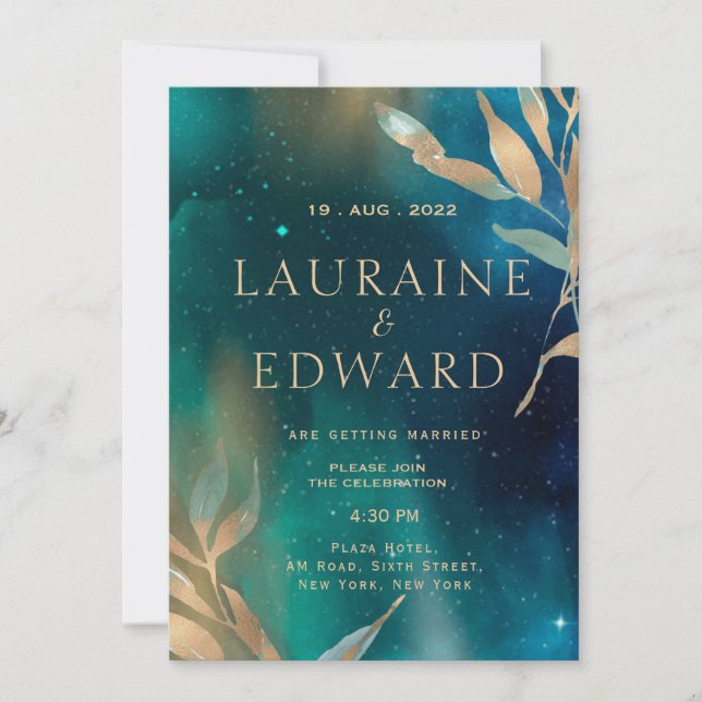 Convite Folha de ouro do céu da galáxia verde-esmeralda (Frente)