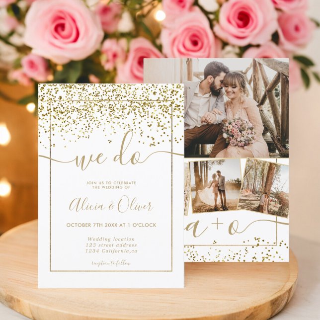 Convite Folha de ouro em chic, iniciais de fotos brancas c (Chic gold foil white photo initials wedding invitation)